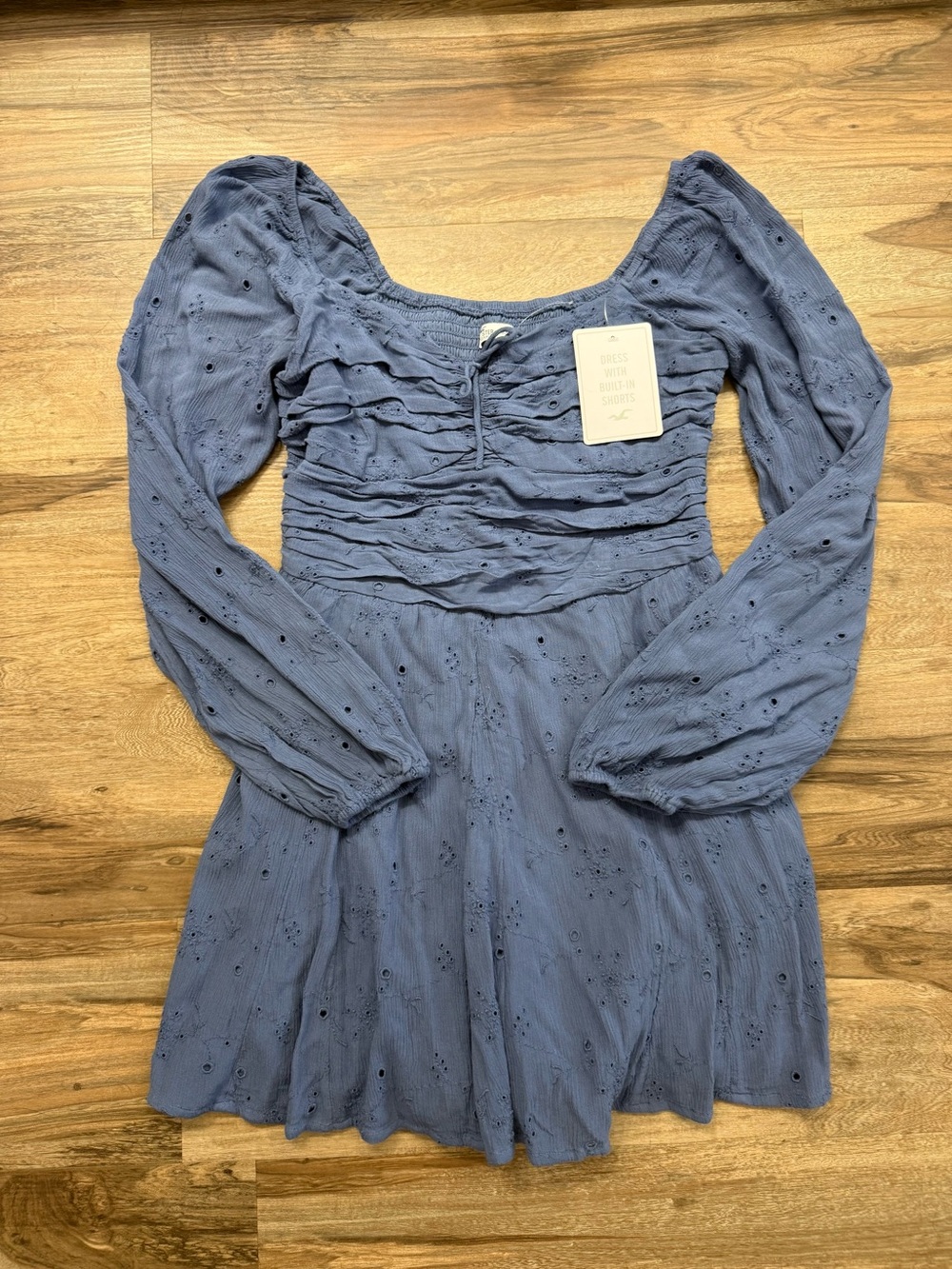 Hollister Dusty Blue Eyelet Mini Dress with shorts! NWT